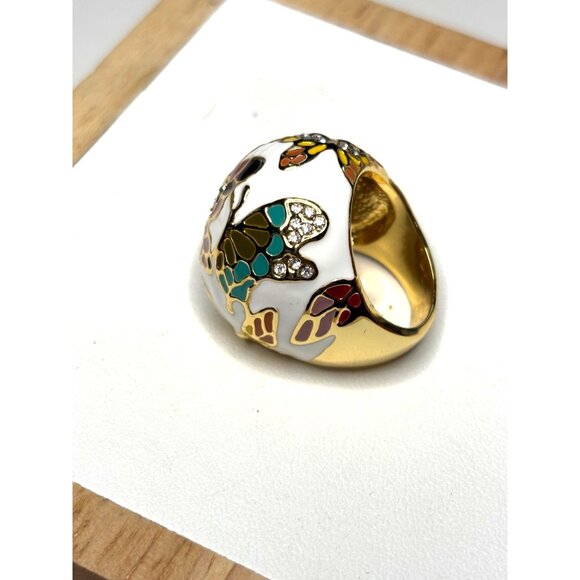 White & Gold Enamel Butterfly Statement Ring With Rhinestone Accents Size 7 KI - Picture 2 of 11
